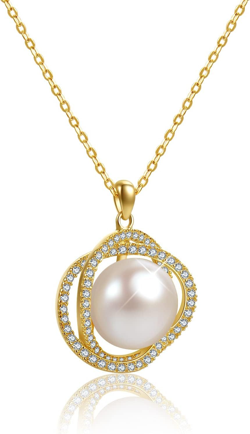 10-11Mm Single Freshwater Pearl Necklace for Women,14K Gold Plated Sterling Silver Cubic Zirconia Pendant Necklace for Women'S Jewelry