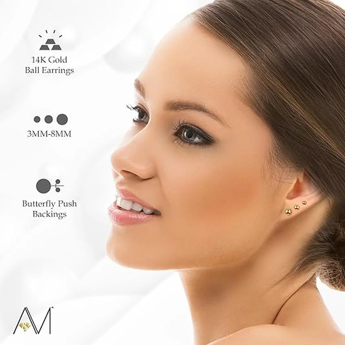 14K White Gold Ball Stud Earrings for Women, Lightweight Push-Back, 3Mm–9Mm Sizes, Gift Box Included