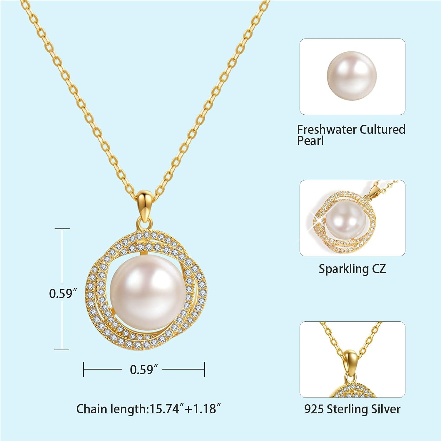 10-11Mm Single Freshwater Pearl Necklace for Women,14K Gold Plated Sterling Silver Cubic Zirconia Pendant Necklace for Women'S Jewelry
